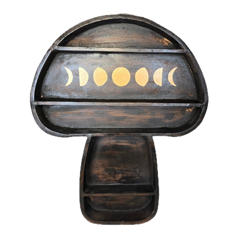 Earthbound Trading Company Large Mushroom Wood Shelf Moon Phases Crystal Display